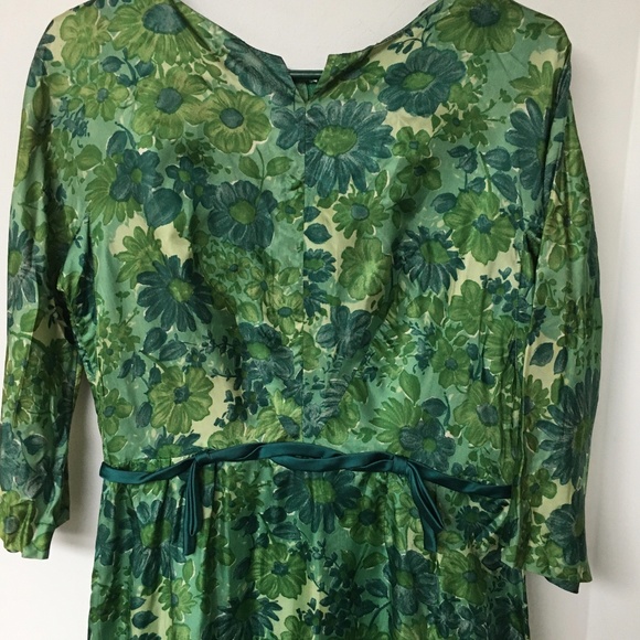 Vintage 60s Dress Below Knee Green Floral Fitted Ambassador Mi-Lady - Picture 2 of 8